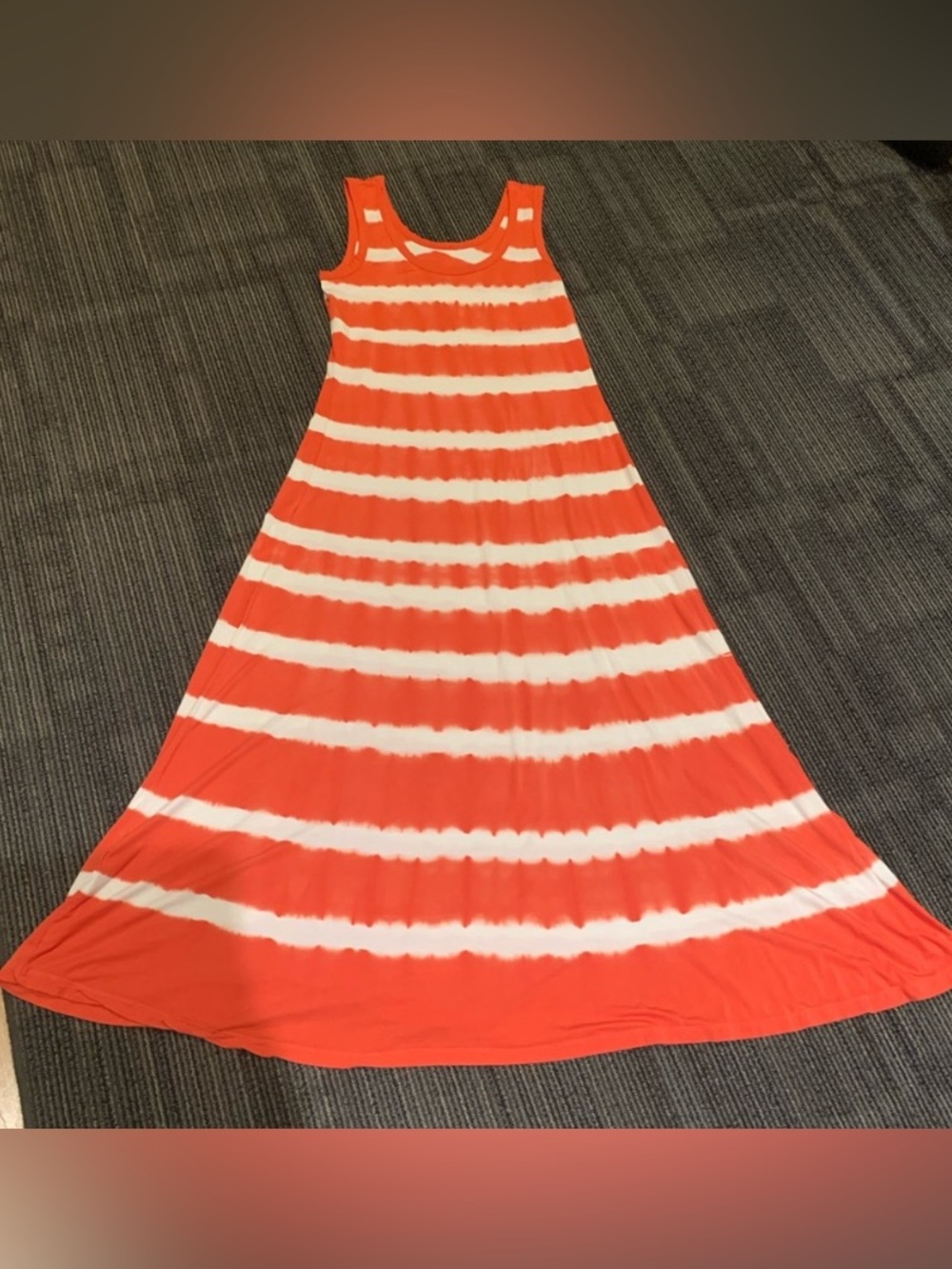 Calvin Klein Orange White Tie Dye Stripe Sleeveless Jersey Knit Maxi Dress M - Picture 3 of 5